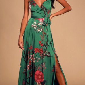 Lulu's Emerald Green Floral Print Satin Maxi Dress